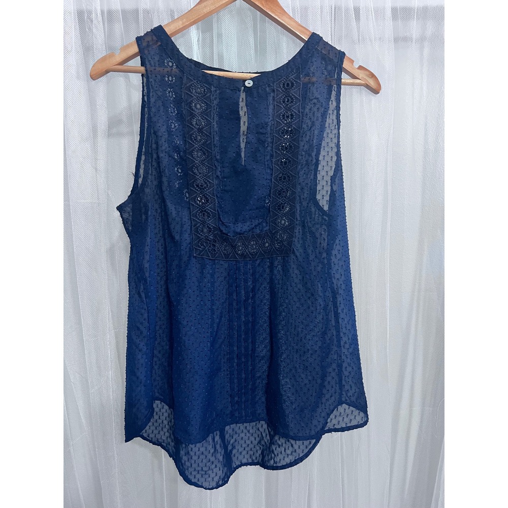 Maurices Navy Blue Swiss Dot Sleeveless Top‎ Lace Bib Embroidered Boho Large
